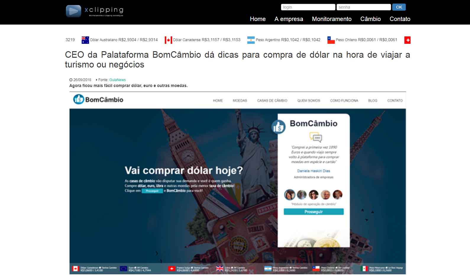 Na mídia - Site XCLIPPING  divulga em seu portal, dicas de como comprar dólar.