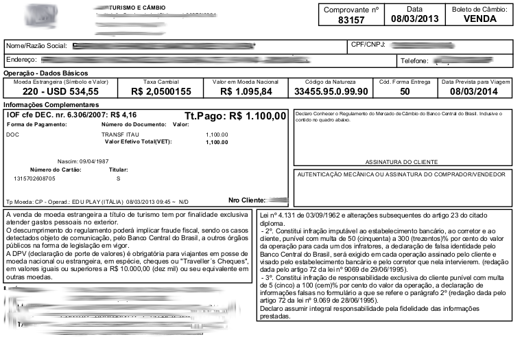 Veja um modelo de Recibo de operação de câmbio 
