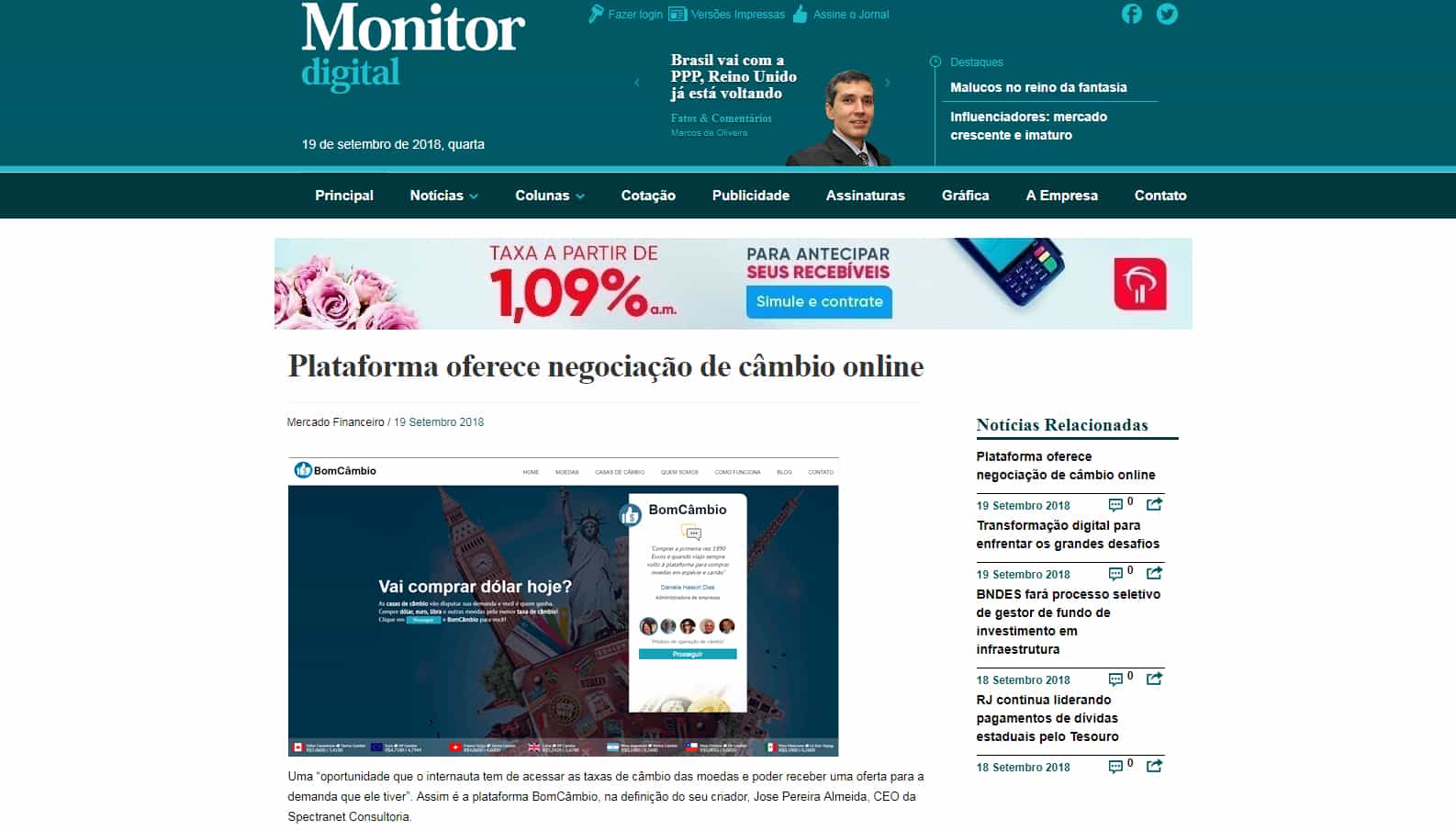 Na mídia - Confira no Jornal Monitor Digital matéria sobre a Plataforma BomCâmbio